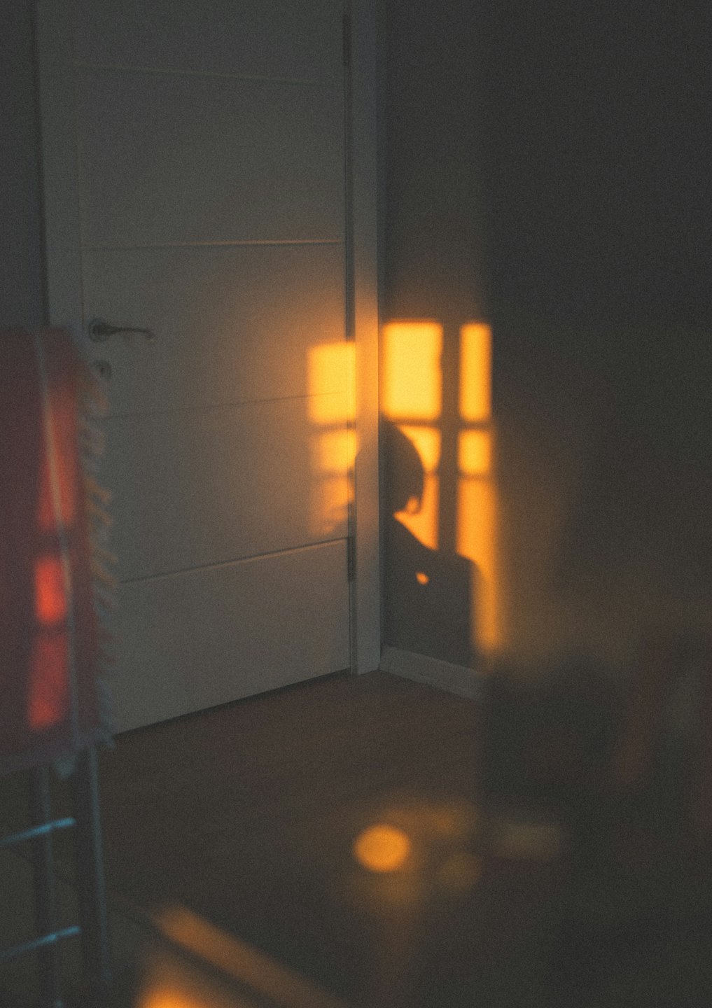 Sunlight creates a grid pattern on a grey wall and wooden floor.
