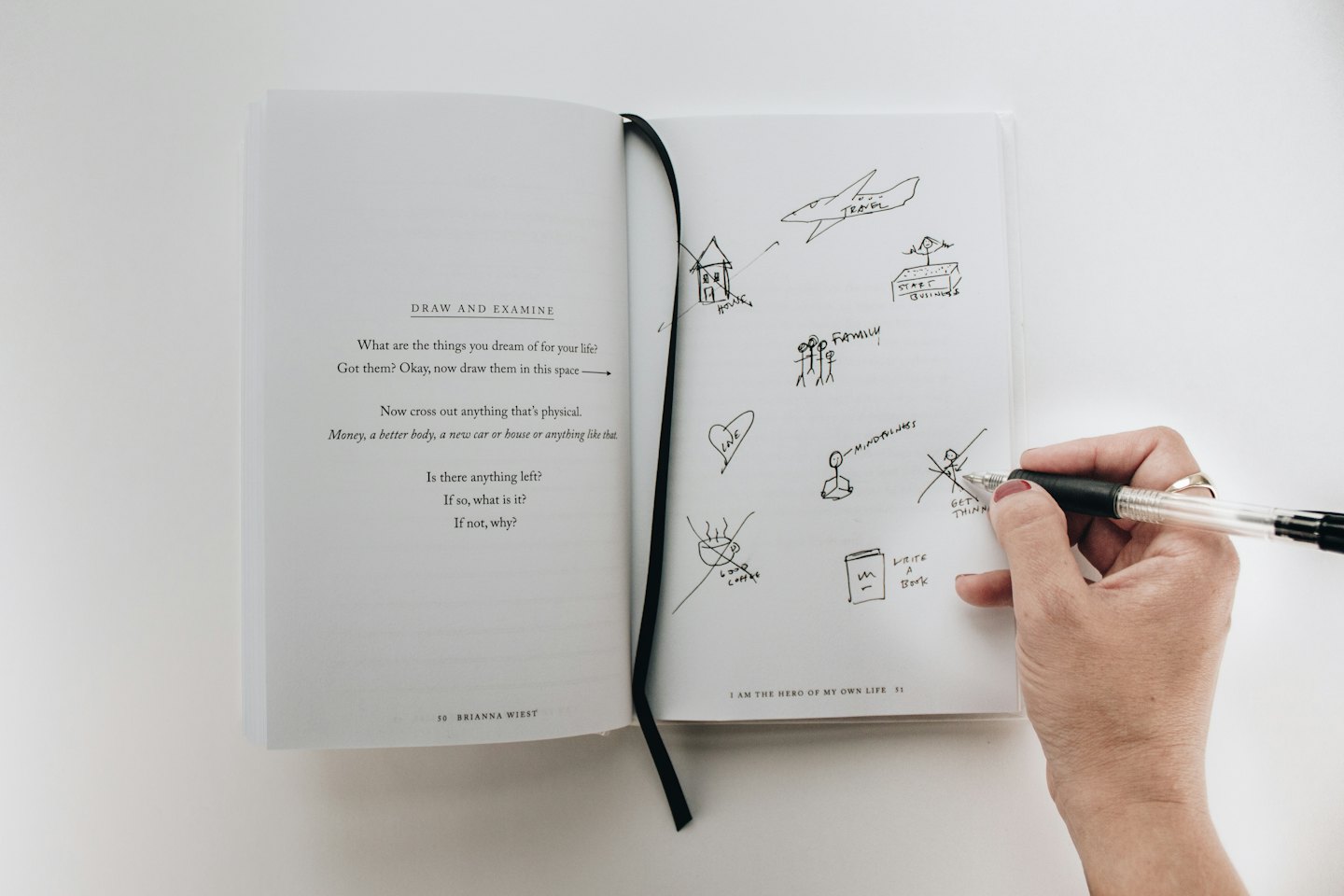 Hand writing in a journal with doodles and goal words.